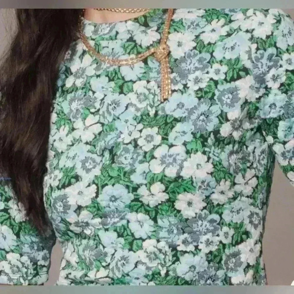 Anthropologie Maeve Short-Sleeve Mock-Neck Jacquard Top Green Blue Size Medium - Picture 1 of 10
